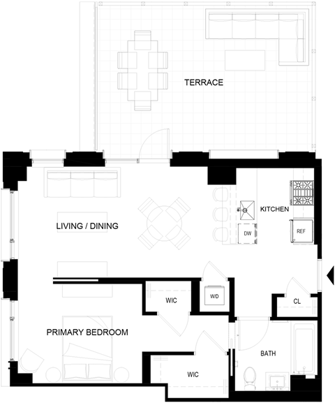 Floor plan for 1 bed, 1 bath, 645 sqft